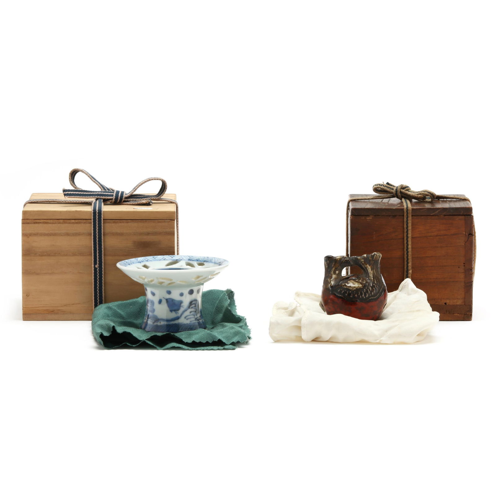 A Japanese Sake Cup Stand and A Shaped Incense Container ( Kogo ) (1 of 7)