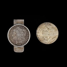 Tiffany & Co. Sterling Silver Morgan Dollar Money Clip and Love Token Brooch