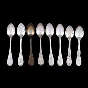 Eight Tiffany Audubon and Chrysanthemum Sterling Silver Demitasse Spoons