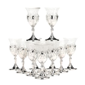 Set of Twelve Sterling Silver and Etched Glass Port Wines