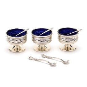 Three Sterling Silver Salt Cellars with Cobalt Inserts by M. Fred Hirsch Co.