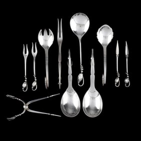 Eleven Pieces of Georg Jensen Blossom and Ornamental Sterling Silver Flatware