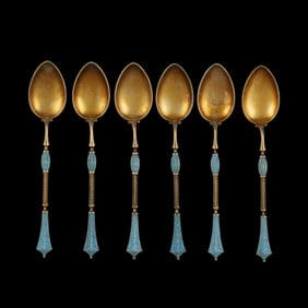 Set of Six Gilt Sterling Silver Enameled Demitasse Spoons