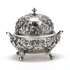 Coin Silver Repousse Butter Dish, Retail Mark of Justis & Armiger