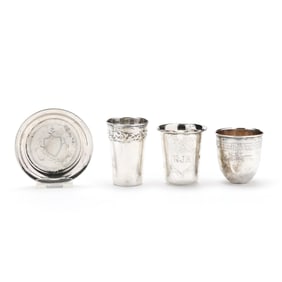 Three Silver Kiddush Cups and Saucer