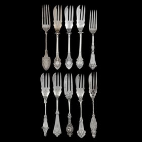 Ten Coin Silver and Sterling Silver Aesthetic Period Forks