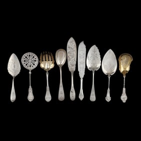 Nine Antique Coin Silver Flatware Servers with Engraved Decoration