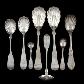 Eight Coin Silver Serving Spoons with Shell Bowls