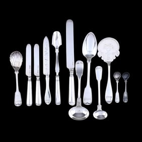 Twelve Pieces of Coin Silver Fiddle & Thread Flatware