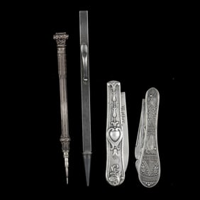 Two Coin Silver Pocket Knives and Two Silver Writing Instruments