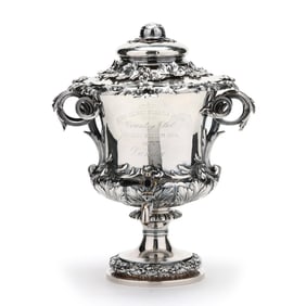 An Antique 'Great Pelham Steeplechase' Sterling Silver Trophy Cup and Cover