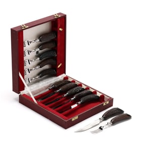 An English Stag Handled Cased Carving Set, mark of Asprey