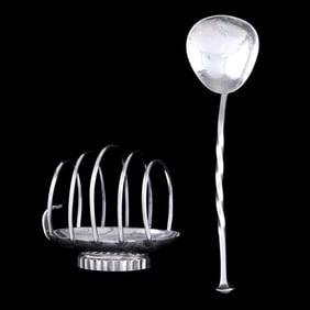 An English Silver Toast Rack and Spoon