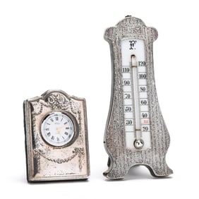 An English Silver Clock and Sterling Silver Thermometer
