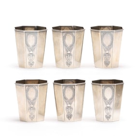 A Set of Six Russian Silver Vodka Cups, Mark of K. Fabergé
