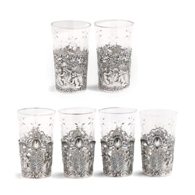 Set of Six German Silver and Cut Glass Tumblers