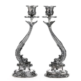 A Pair of Buccellati Sterling Silver Dolphin Form Candlesticks