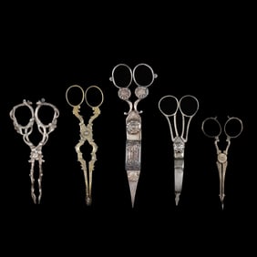 Five Continental Silver Tongs and Wick Snips