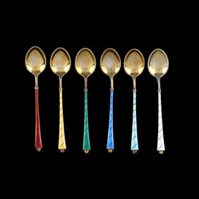Set of Six Danish Gilt and Enameled Silver Demitasse Spoons