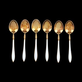 Set of Six Norwegian Gilt and Enameled Silver Demitasse Spoons