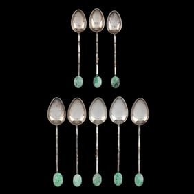 An Assembled Set of Eight .90 Silver Demitasse Spoons with Hardstone Mounts