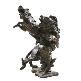 Massive Life-Size Bronze Statue Group of Lion and Boars