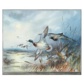 William Edward Powell (English, 1878/85-1955),  Nocturne / Mallards in the Reeds