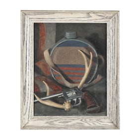 American School (20th Century), Still Life with Antlers and Pistol, Signed