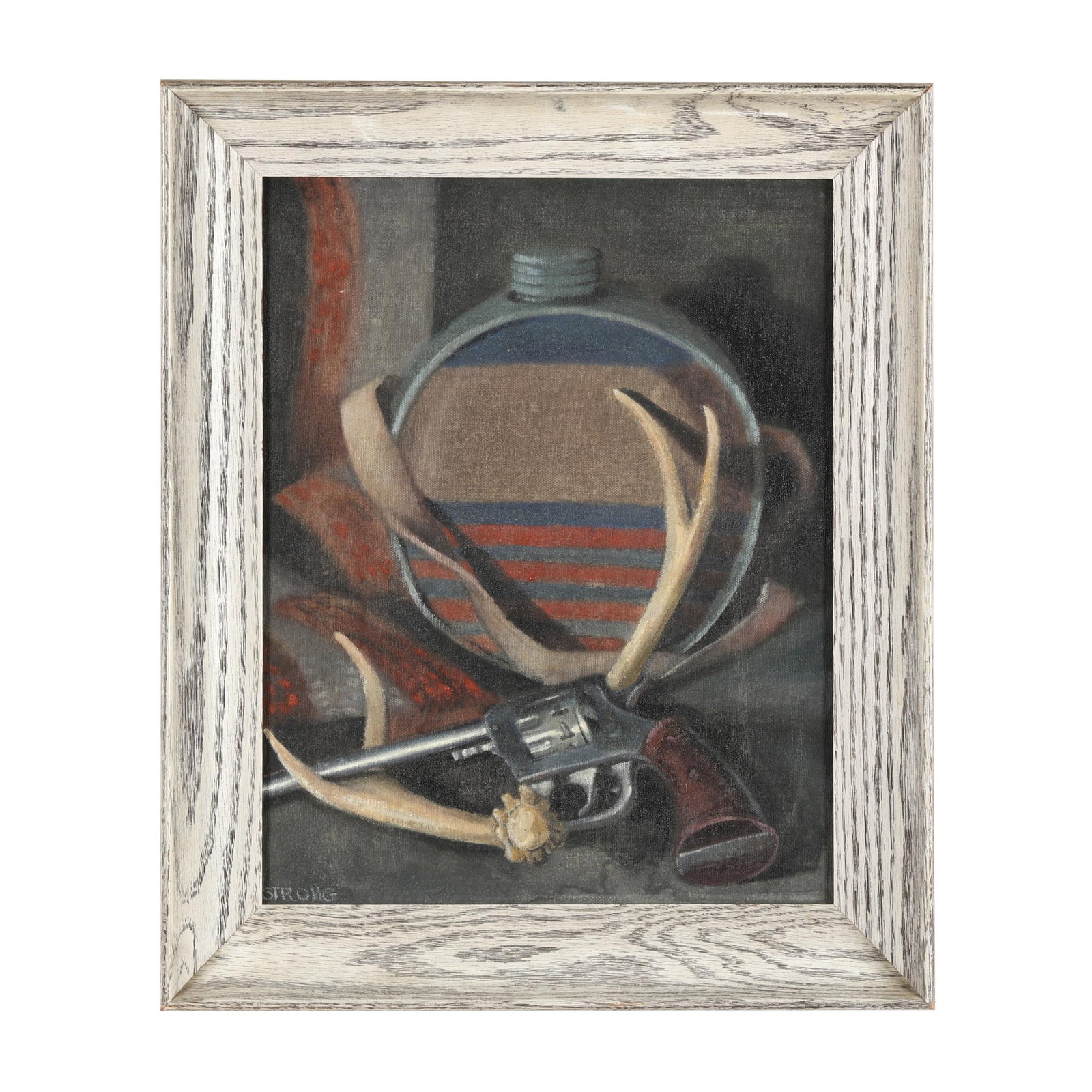 American School (20th Century), Still Life with Antlers and Pistol, Signed: American School (20th Century), Still Life with Antlers and Pistol, Signed oil on masonite, signed "Strong" at lower left, framed. Panel 15 1/2 x 12 in.; Frame dimensions 19 x 15 5/8 in. Private Colle