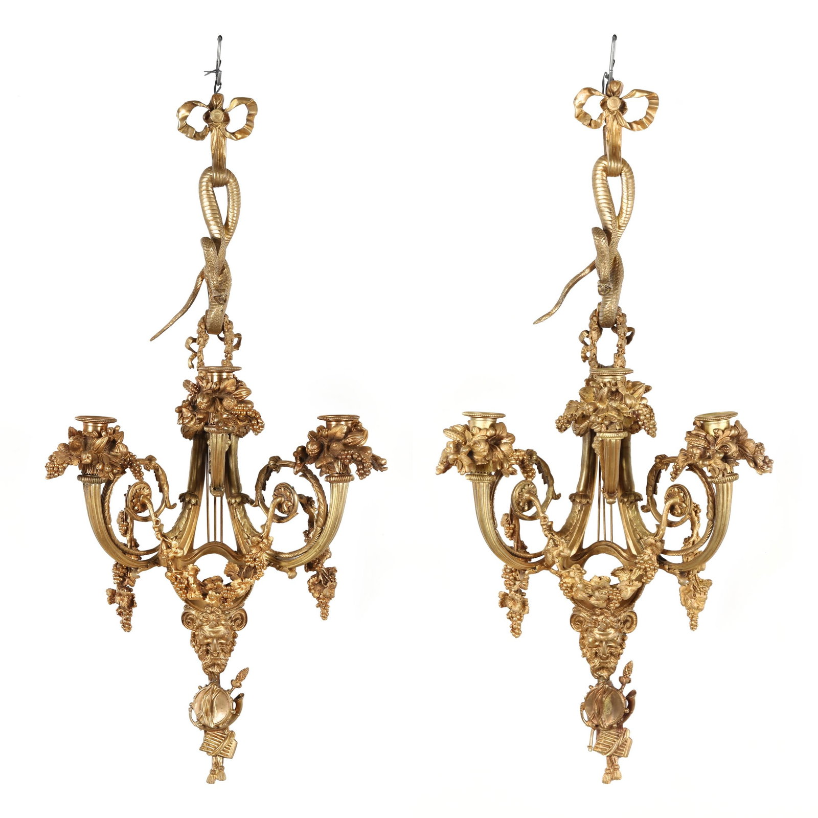 Pair of Louis XVI Style Dore Bronze Serpent and Lyre Three Light Sconces (1 of 10)