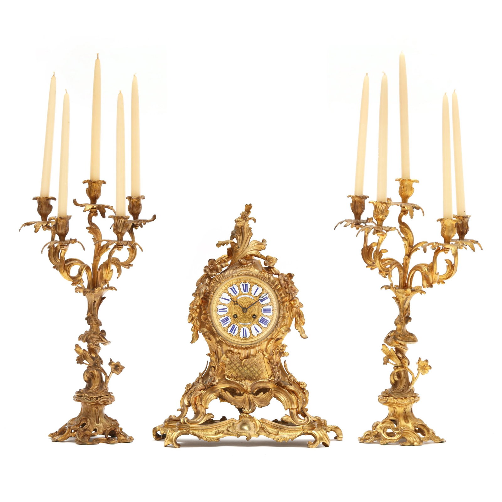 Louis XV Style Gilt Bronze Mantel Clock and Candelabra Garniture, signed Gautier & Graulot (1 of 16)