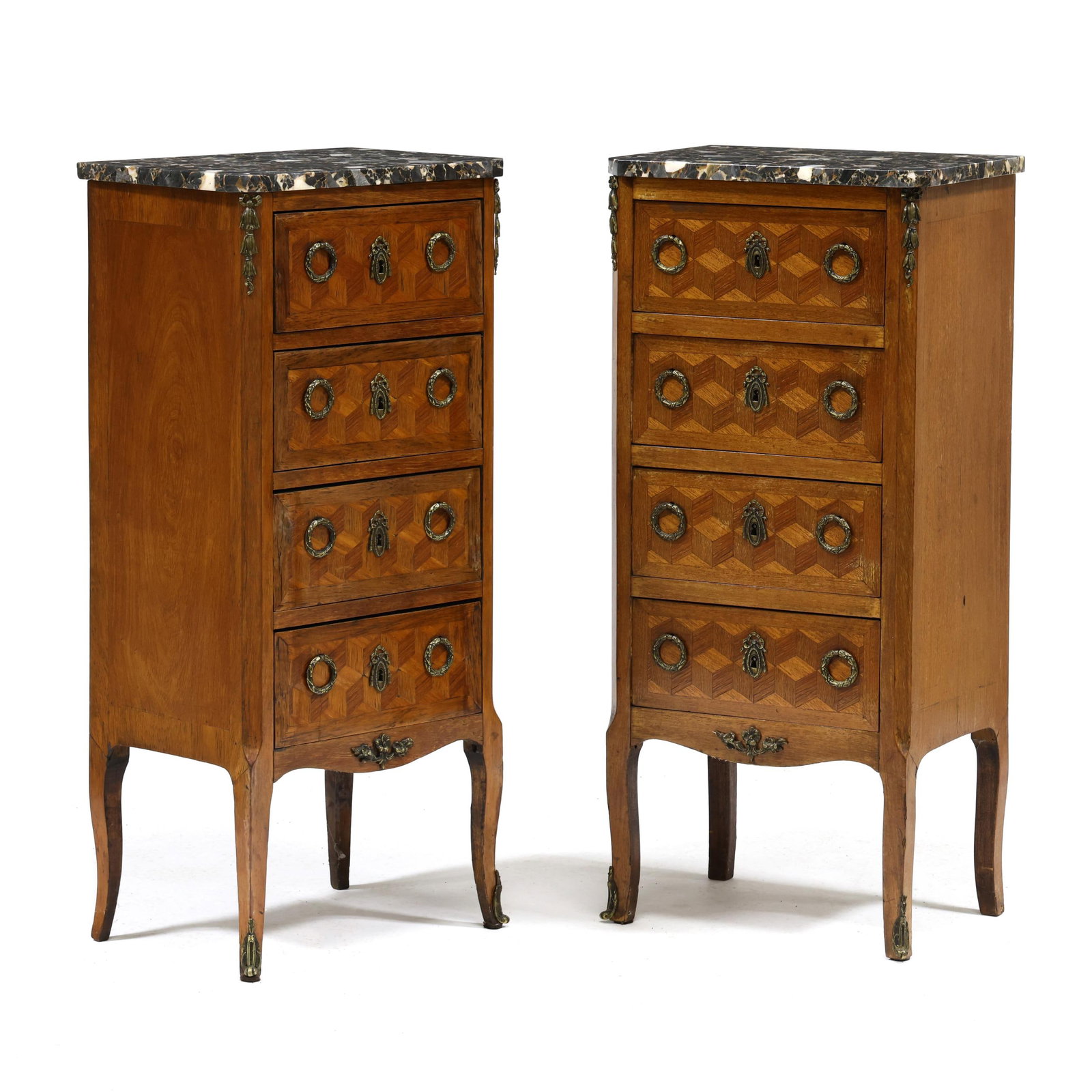 Paul Sormani, Pair of French Marble Top Parquetry and Ormolu Bedside Chests (1 of 14)