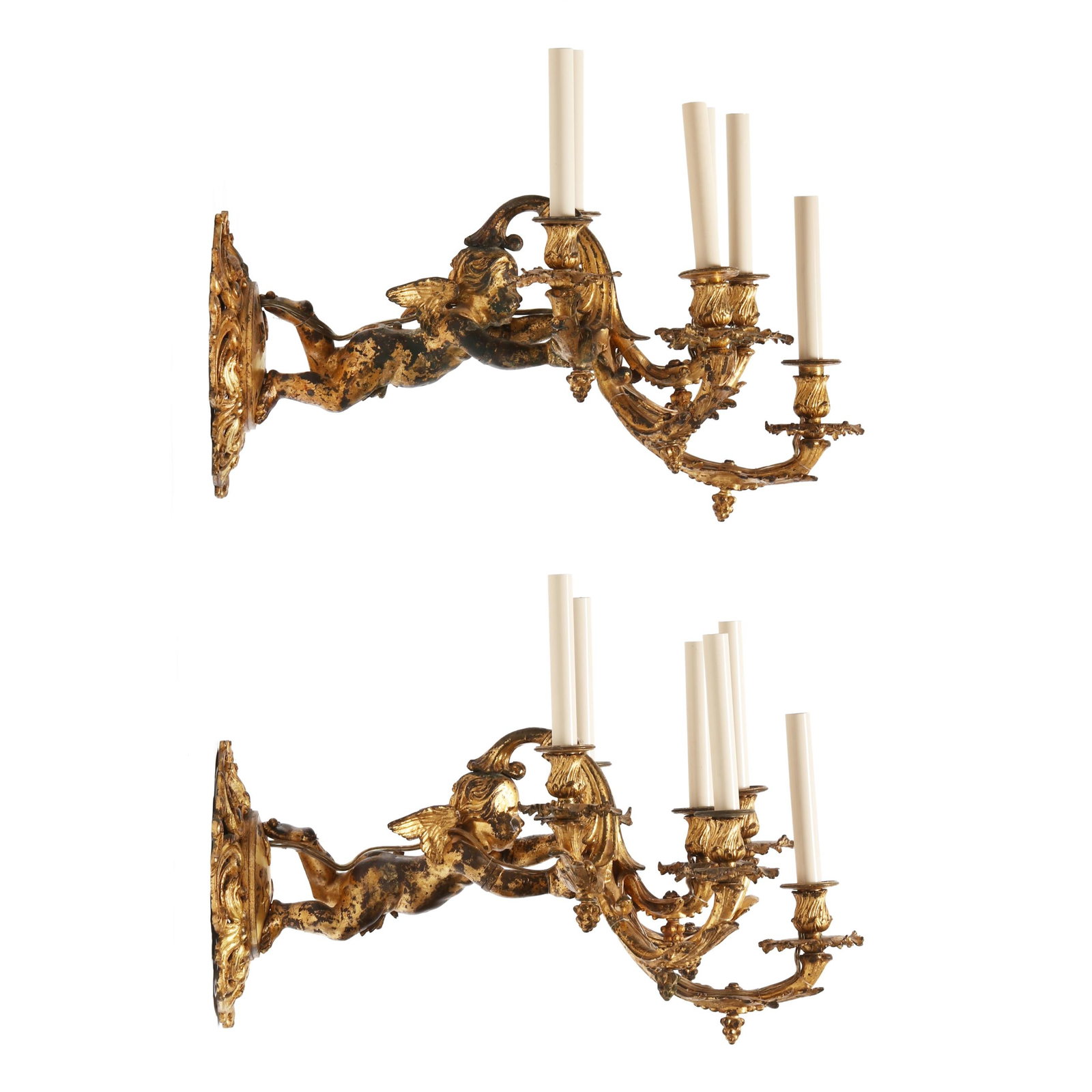 Pair of Large French Gilt Bronze Putto Six Light Wall Sconces (1 of 13)