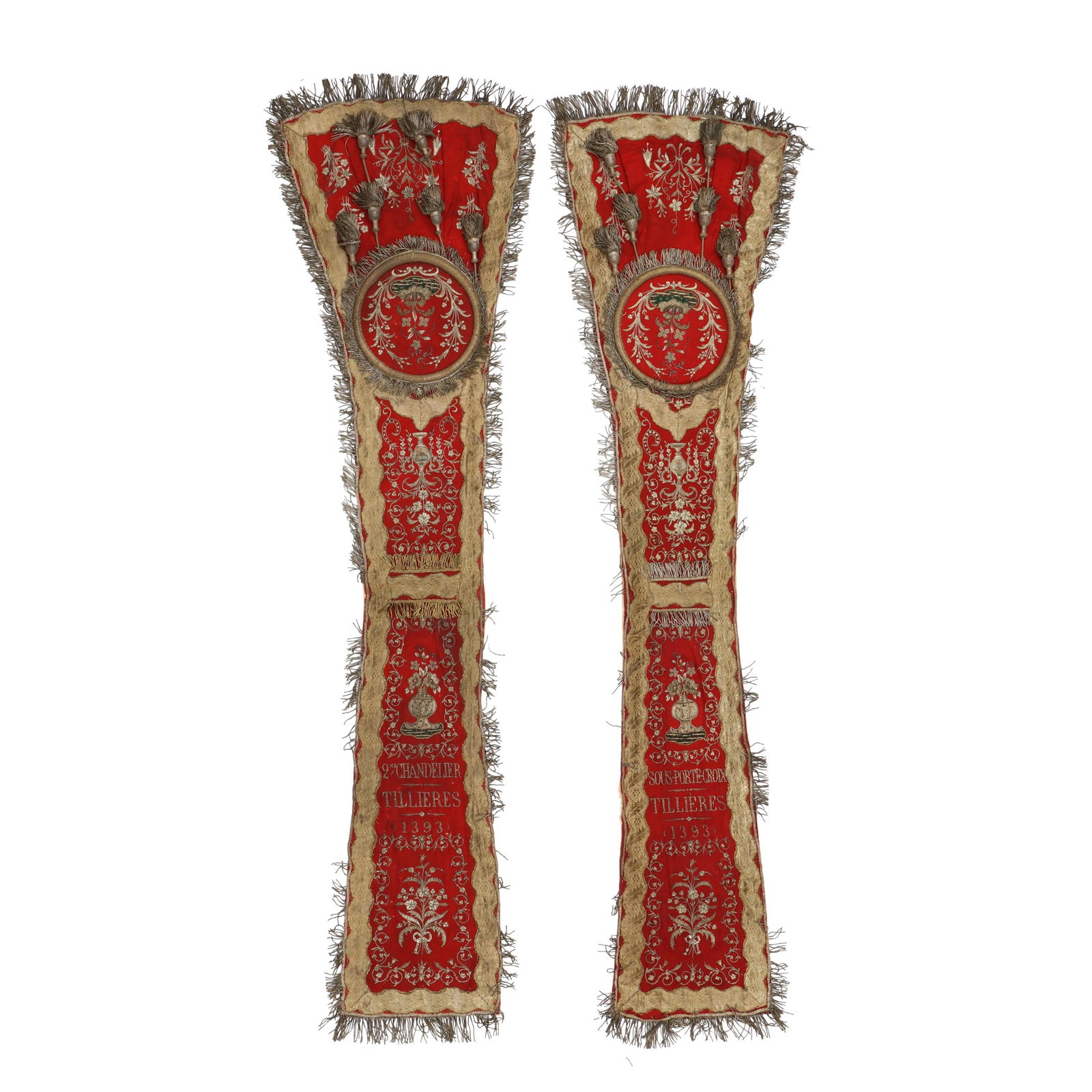 Two Chaperons de Confrérie de Charité from Villeries, France: Two Chaperons de Confrérie de Charité from Villeries, France late 18th or early 19th c., France, the pair of red baize sashes each completed hand-sewn and decorated in goldwork embroidery featuring 