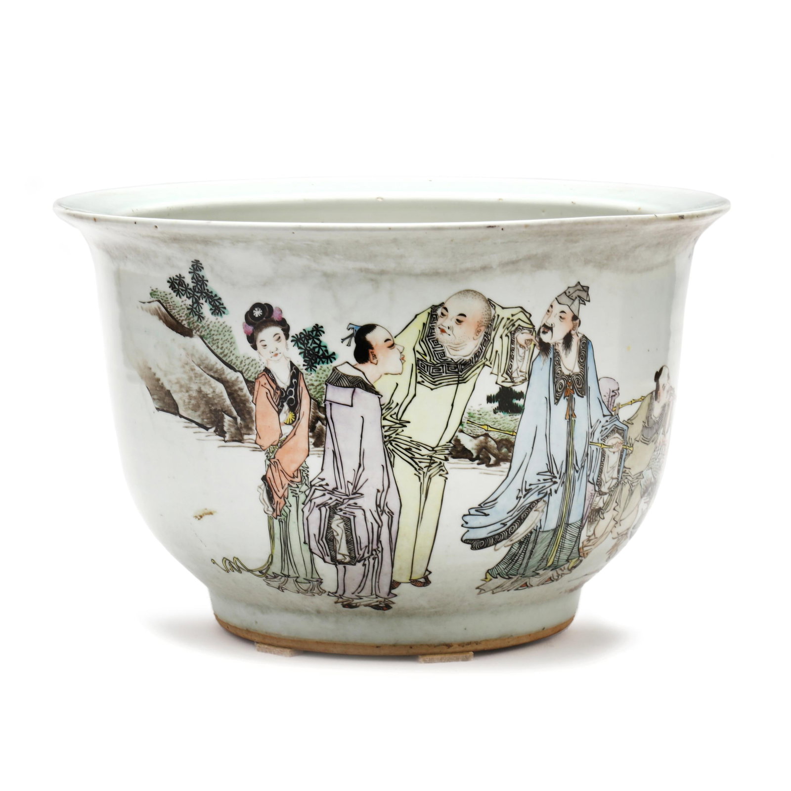 Chinese Porcelain Famille Rose Jardiniere: Chinese Porcelain Famille Rose Jardiniere Republic period (1911-1949), decorated with scholars in a landscape and Chinese characters, not marked. 9 1/2 x 14 1/2 in. dia. The Estate of the late Dr. Wil