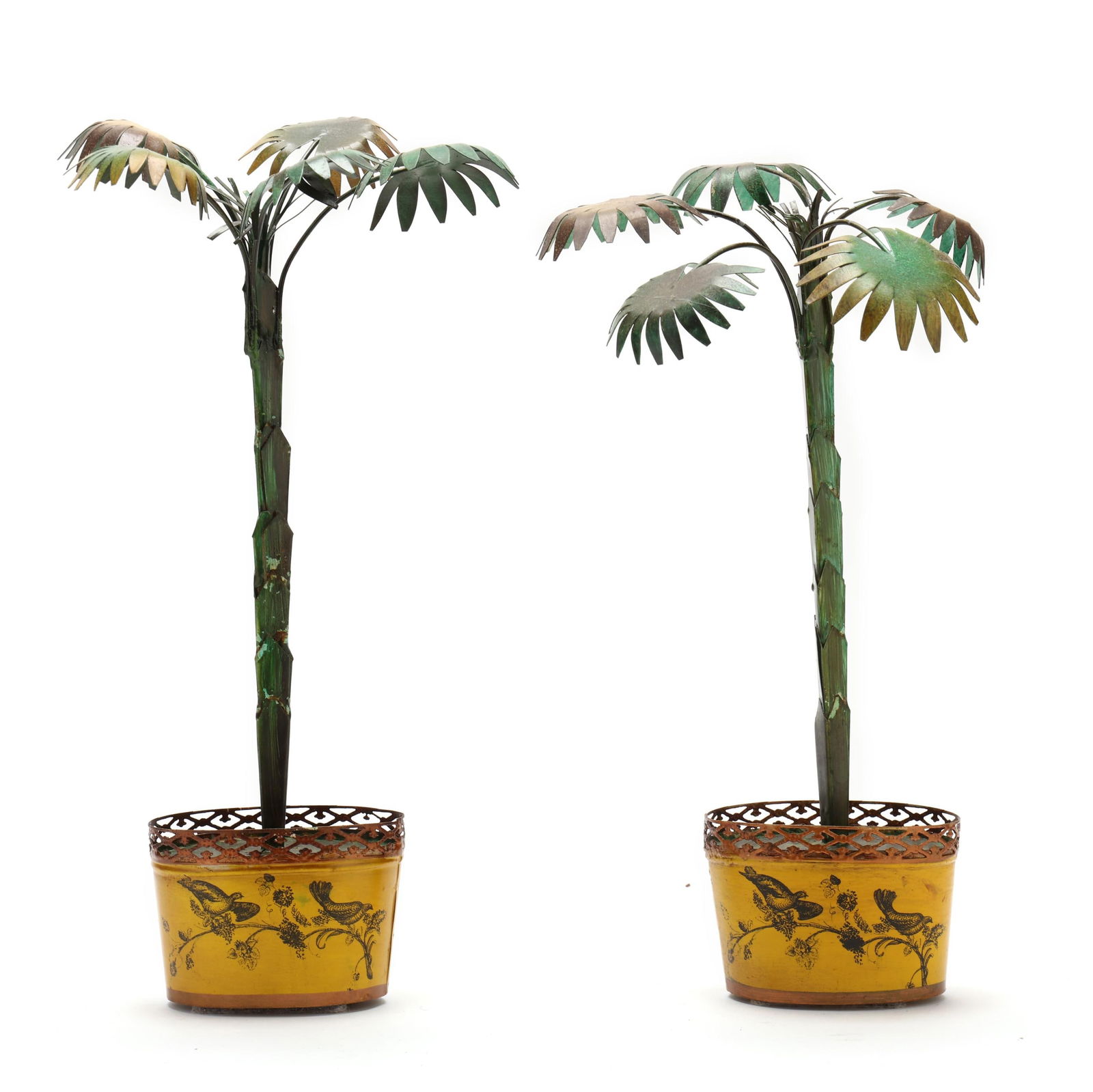 Pair of Vintage Italian Toleware Palm Table Accessories: Pair of Vintage Italian Toleware Palm Table Accessoriesmid-20th century, painted metal, weighted oval jardiniere with transferred bird on branch designs on Naples yellow ground within gilt borders, ea