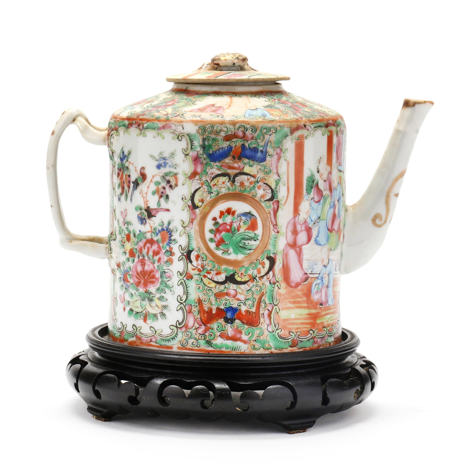 Chinese Export Famille Rose Porcelain Teapot: Chinese Export Famille Rose Porcelain Teapot 19th century, featuring alternating registers of figures in a courtyard and foliate and bird decoration with allover gilt embellishments, covered, and pres