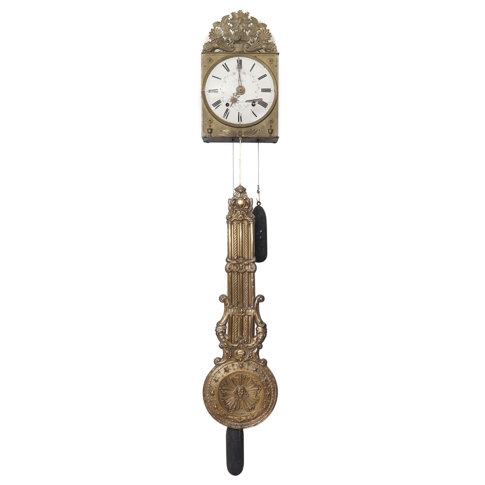 French Wag on the Wall Clock, signed Popelin a' Charlieux: French Wag on the Wall Clock, signed Popelin a' Charlieux19th century, brass works case with large round enamel painted dial signed Popelin a' Charlieux, dual weight driven movement striking on a larg