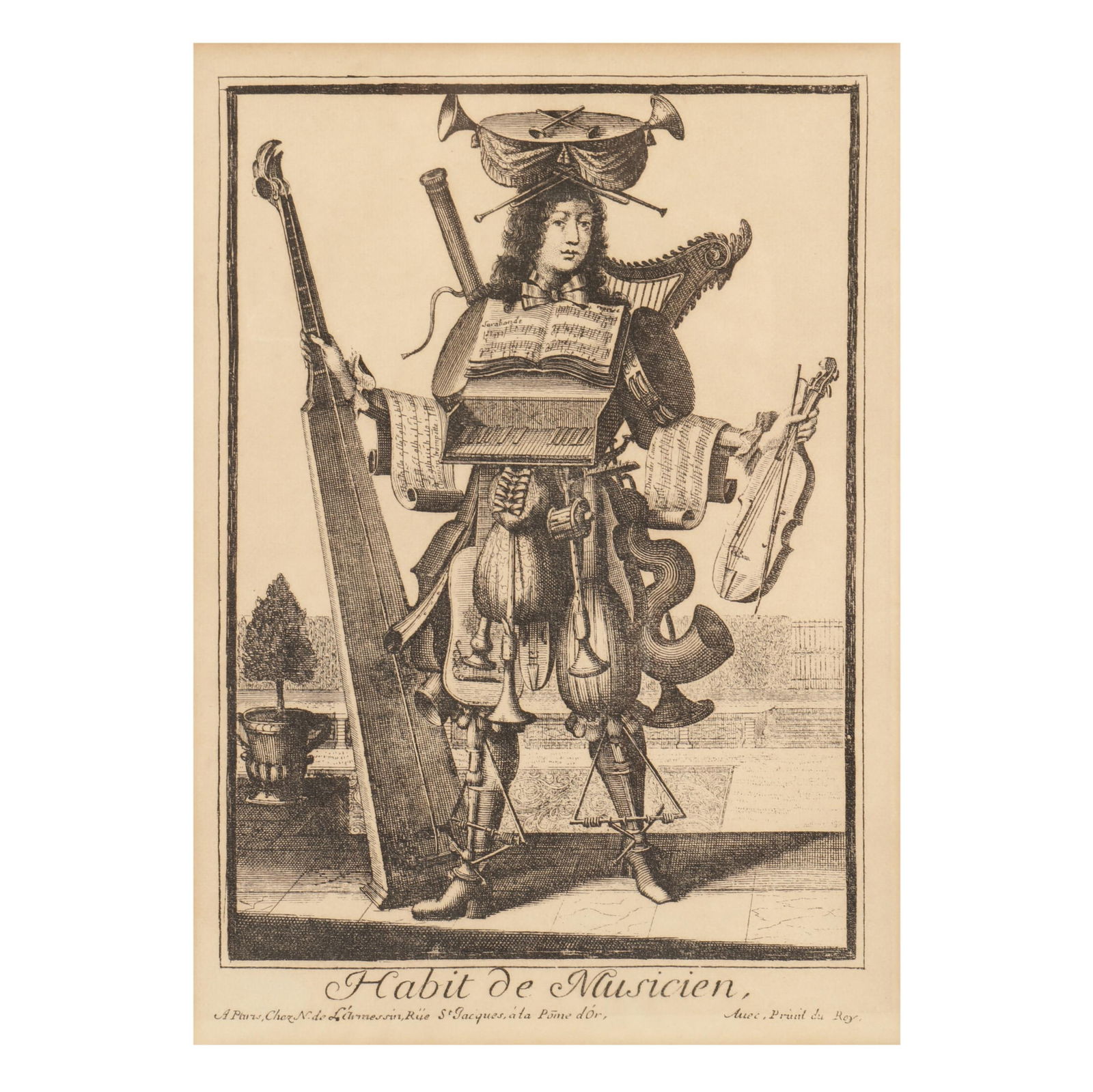 Jean Lepautre (French, 1618-1682), Habit de Musicien: Jean Lepautre (French, 1618-1682), Habit de Musicienengraving on laid paper, 18th century, possibly printed later, from Recueil des modes de la cour de France, matted and framed. Frame dimensions 19 1