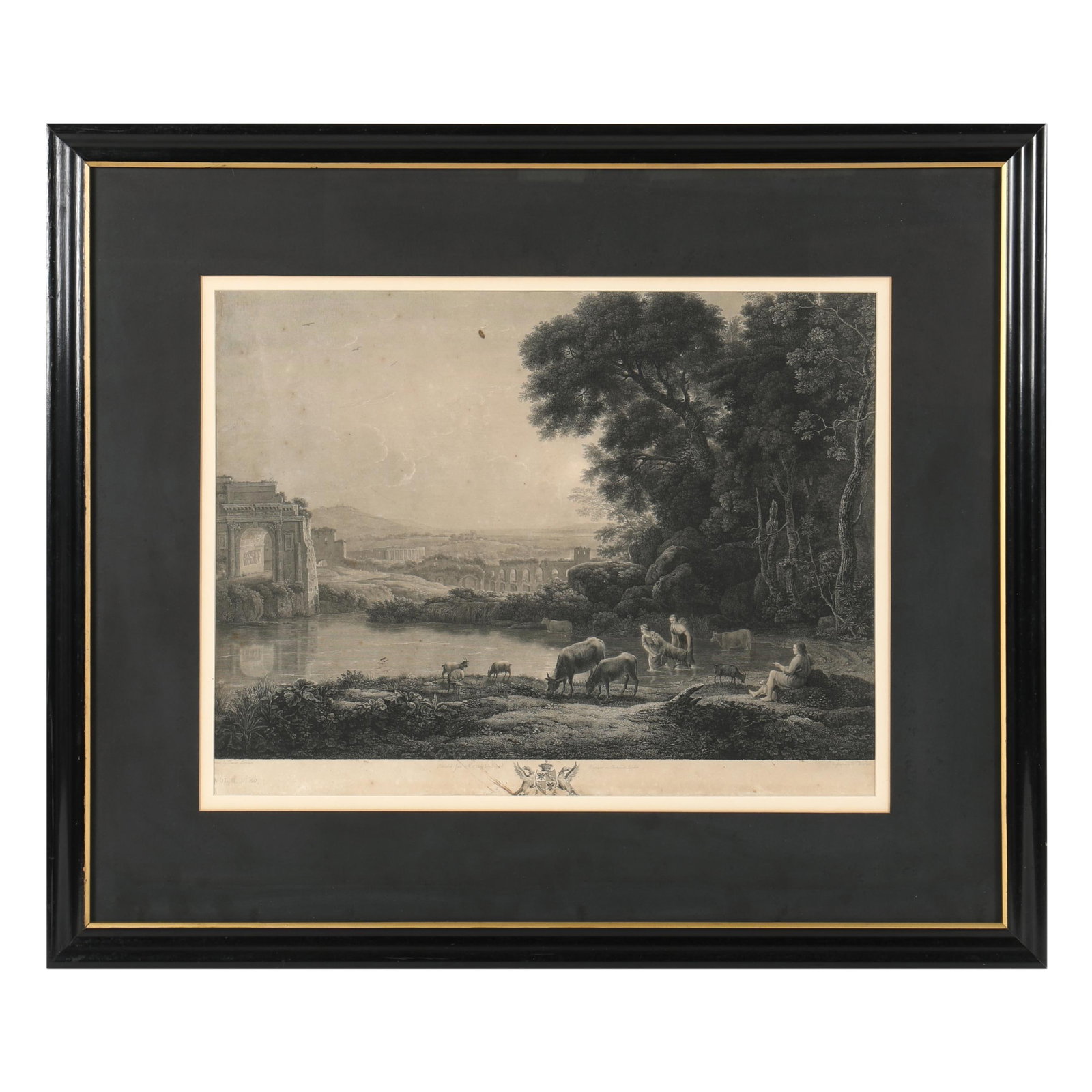 William Woollett (English, 1735-1785), Roman Edifices in Ruins: William Woollett (English, 1735-1785), Roman Edifices in Ruinsetching and engraving, 1772, after Claude Lorrain, published by John Boydell, framed. Frame dimensions 28 1/2 x 34 in. The Estate of the l