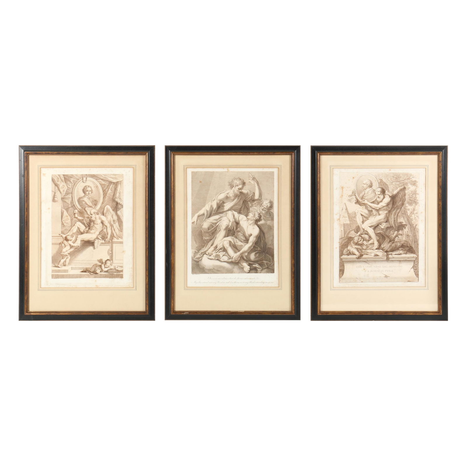 Francesco Bartolozzi (Italian, 1725-1815), Three Allegorical Engravings: Francesco Bartolozzi (Italian, 1725-1815), Three Allegorical Engravingsengravings in sepia, 17th century, after Carlo Maratti, presented in uniform framing. Frame dimensions 26 1/2 x 20 1/2 in. The Es