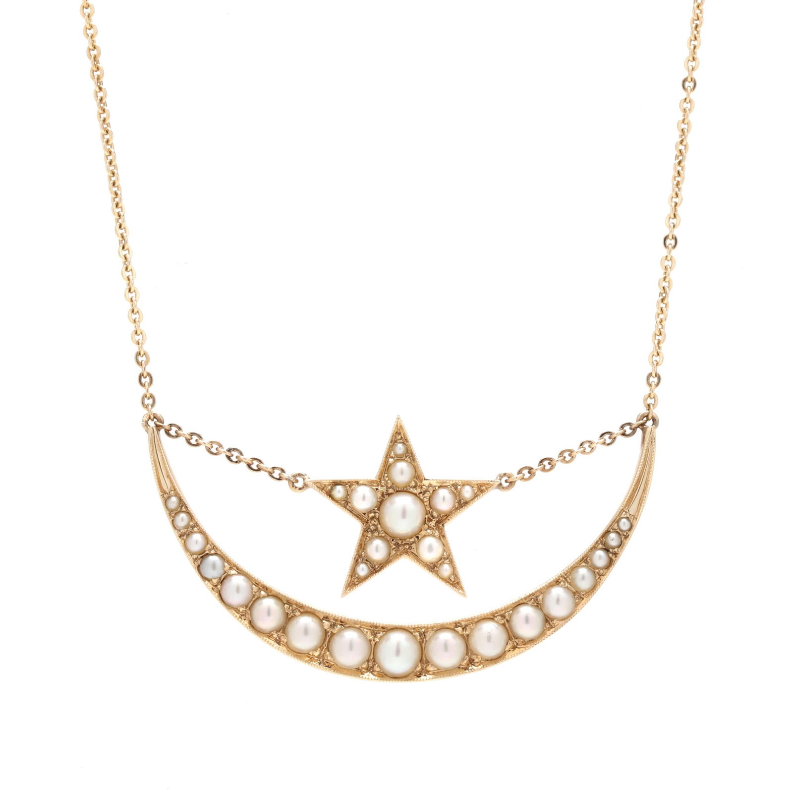 Gold and Seed Pearl Crescent Motif Necklace (1 of 6)