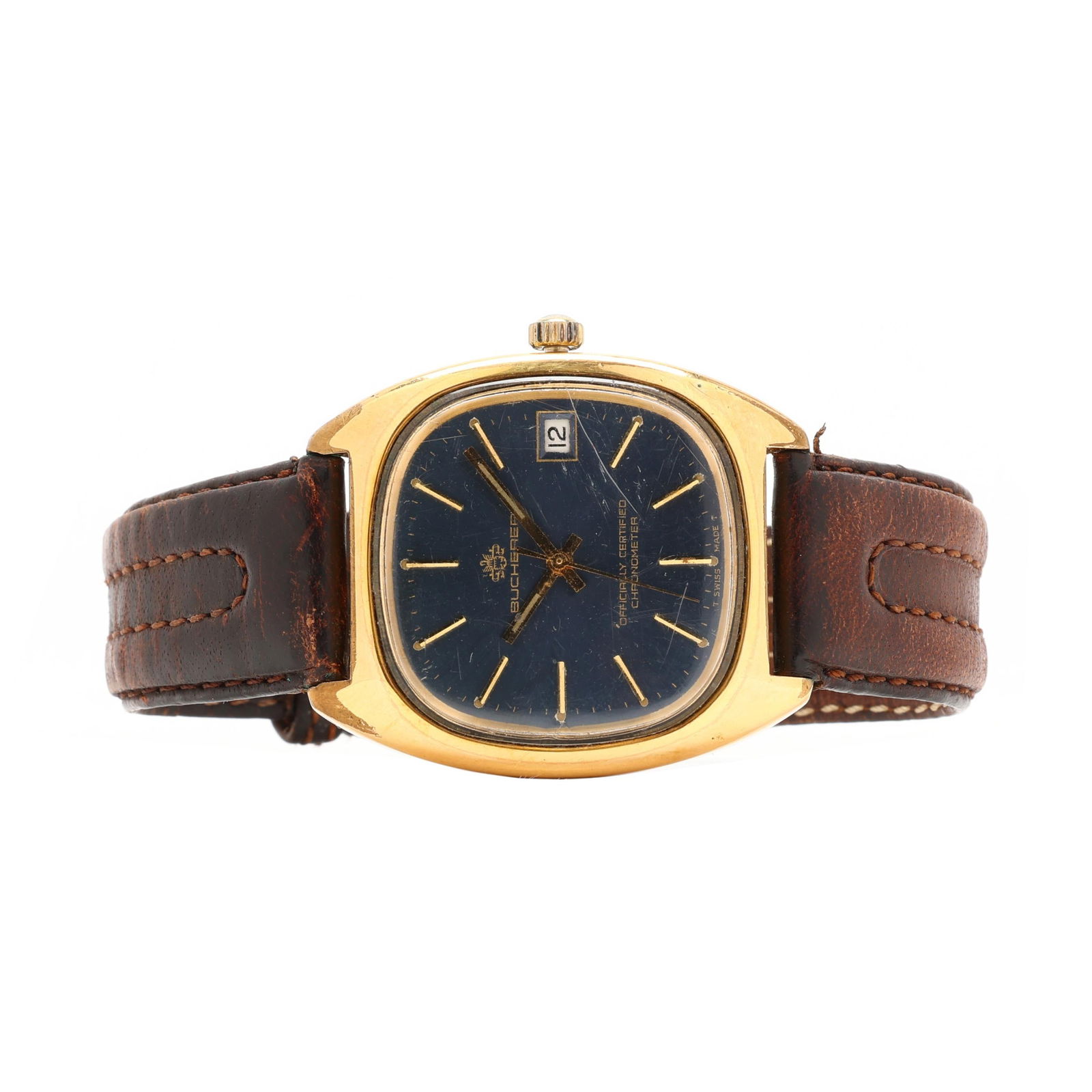 Vintage Gold-Plated Chronometer Watch, Bucherer: Vintage Gold-Plated Chronometer Watch, Buchererautomatic, reference number 1863, serial number 176427, the cushion case with signed blue dial, gold baton hour markers, gold baton hands, and date windo