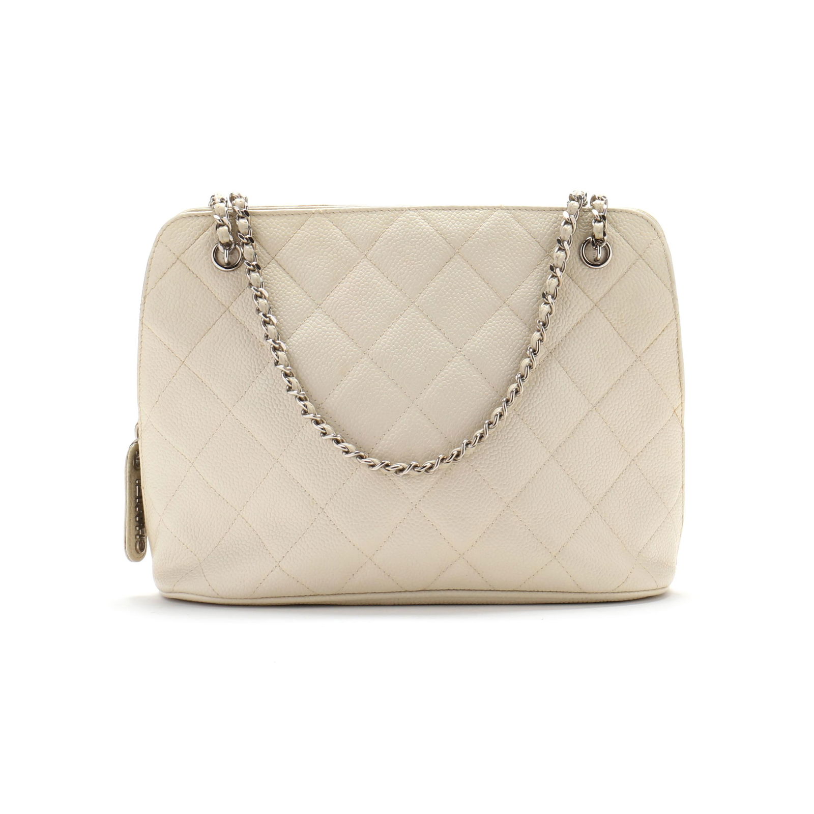 Vintage Logo Pull Shoulder Bag, Chanel: Vintage Logo Pull Shoulder Bag, Chanelthe exterior in white Caviar leather with silver hardware, stitched CC logo to bottom, chain link and leather straps, and main zipper pocket with logo pull, the i