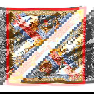 Silk Les Ballets Russes Scarf, Hermès: Silk Les Ballets Russes Scarf, Hermèsby artist Annie Faivre, the silk twill with rolled and hand-stitched edges and with a color palette of red, gold, and blue. 34.25 x 35.25 in. Accompanied by Herm�
