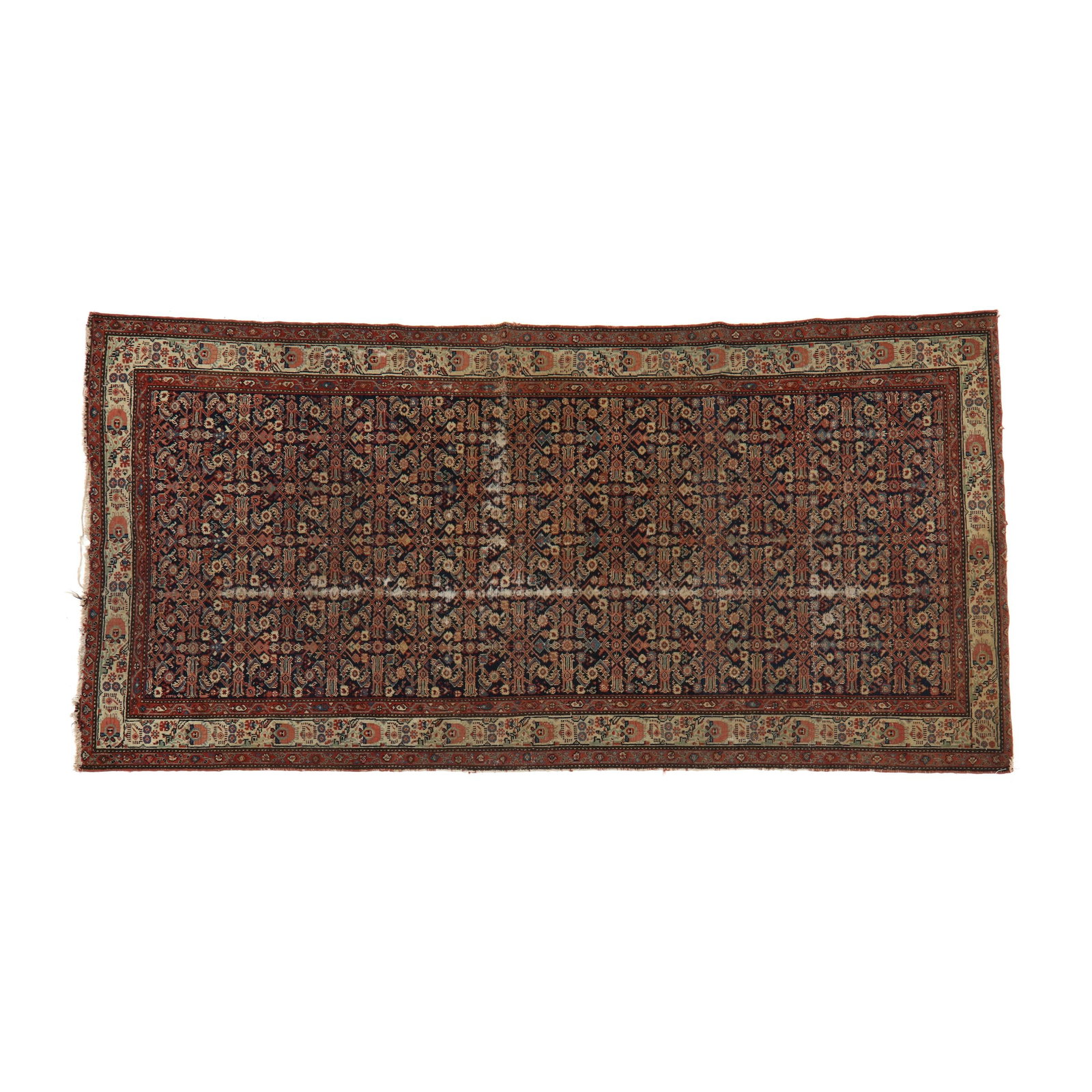 Persian Carpet: Persian Carpet wool on cotton foundation, the midnight blue field covered with allover elaborate stylized trellis design with repeating foliate and geometric motifs, the beige border with repeating st