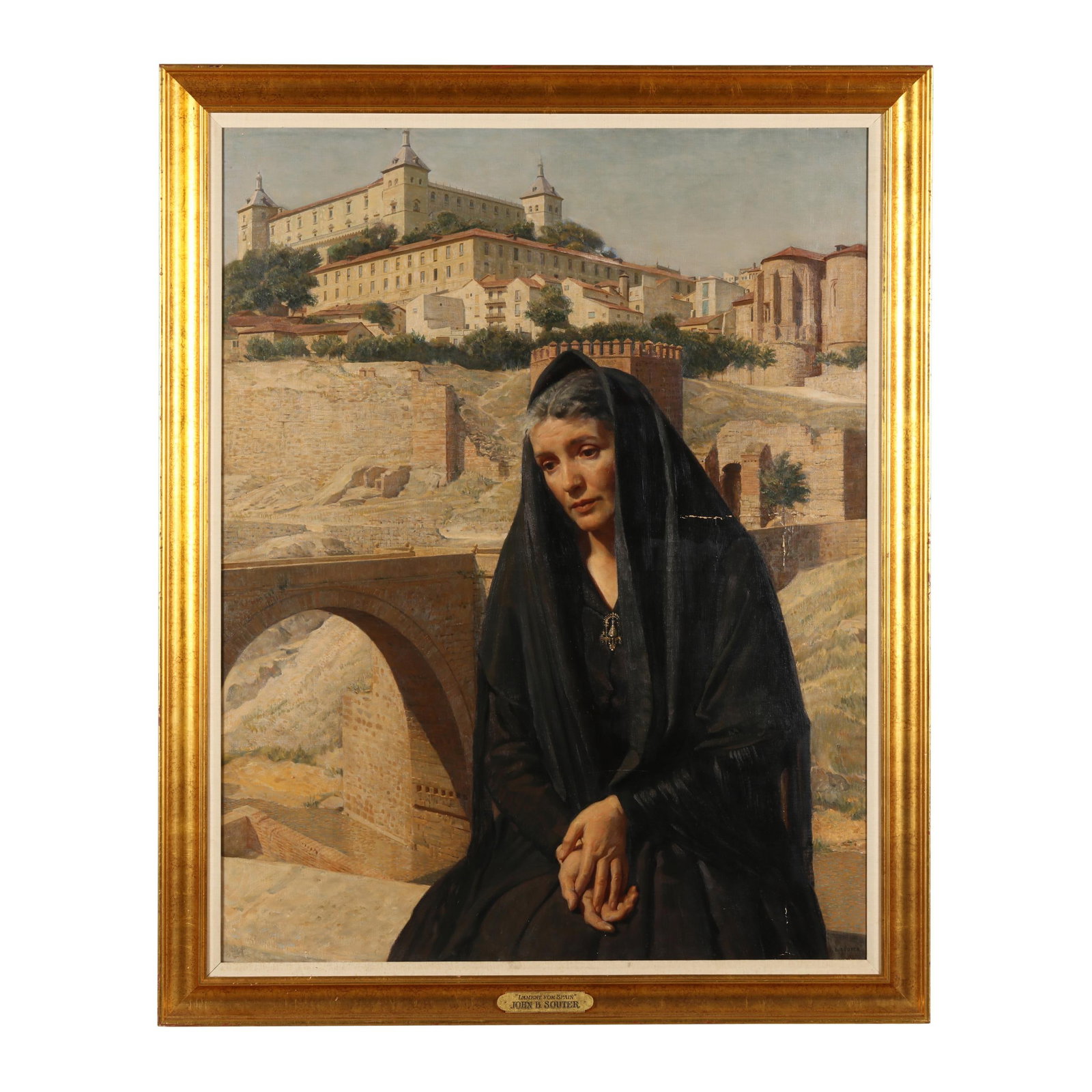 John Bulloch Souter (Scottish, 1890-1972), Lament for Spain: John Bulloch Souter (Scottish, 1890-1972), Lament for Spain oil on canvas, signed at lower right, retaining antique labels and stamp of Roberson & Co. London to verso, presented in a giltwood frame wi