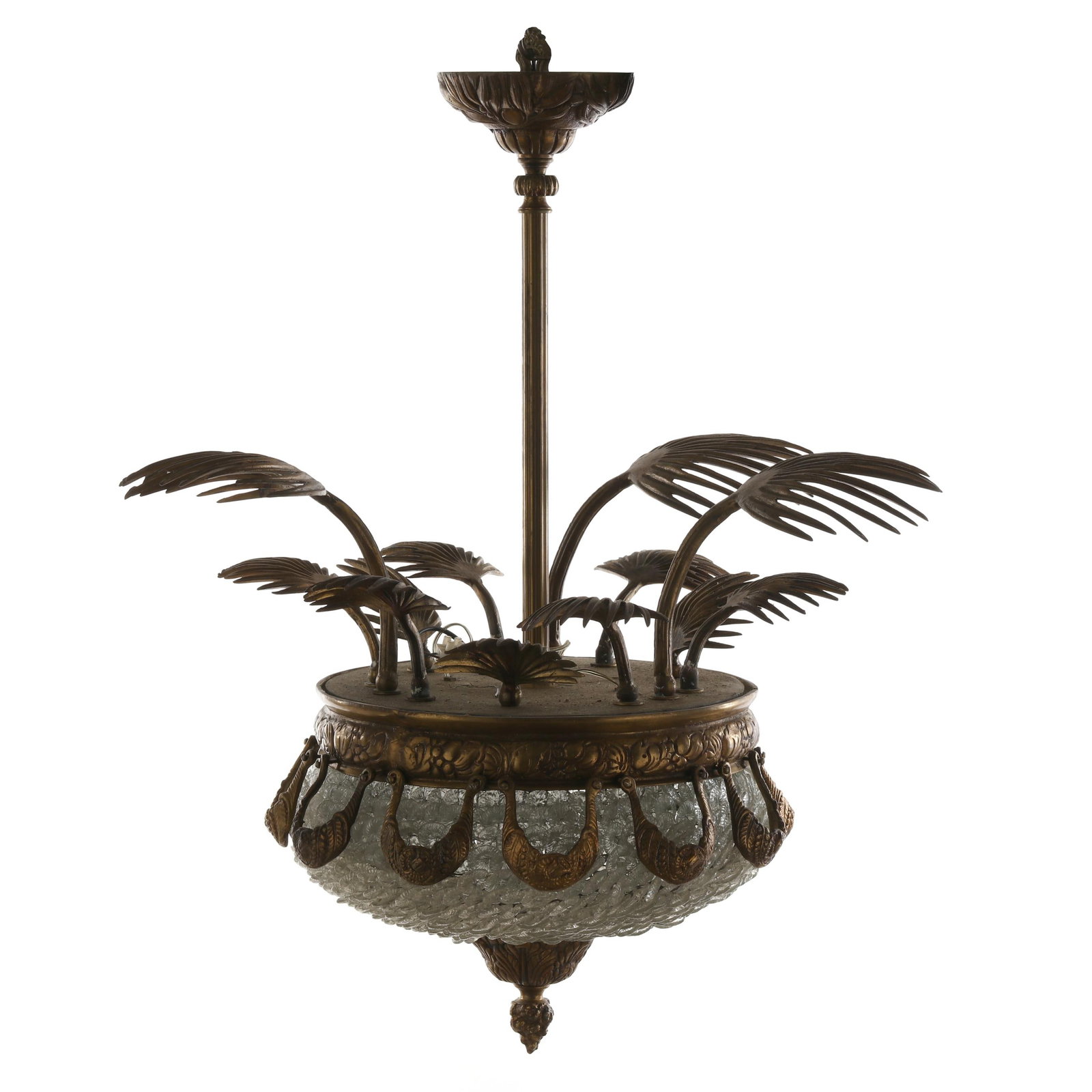 Art Deco Style Murano Glass and Brass Palm Chandelier: Art Deco Style Murano Glass and Brass Palm Chandelier second half 20th century, the domed shade adorned with foliate glass rosettes, with palmate swag mounts beneath a palm frond terrace, includes ree