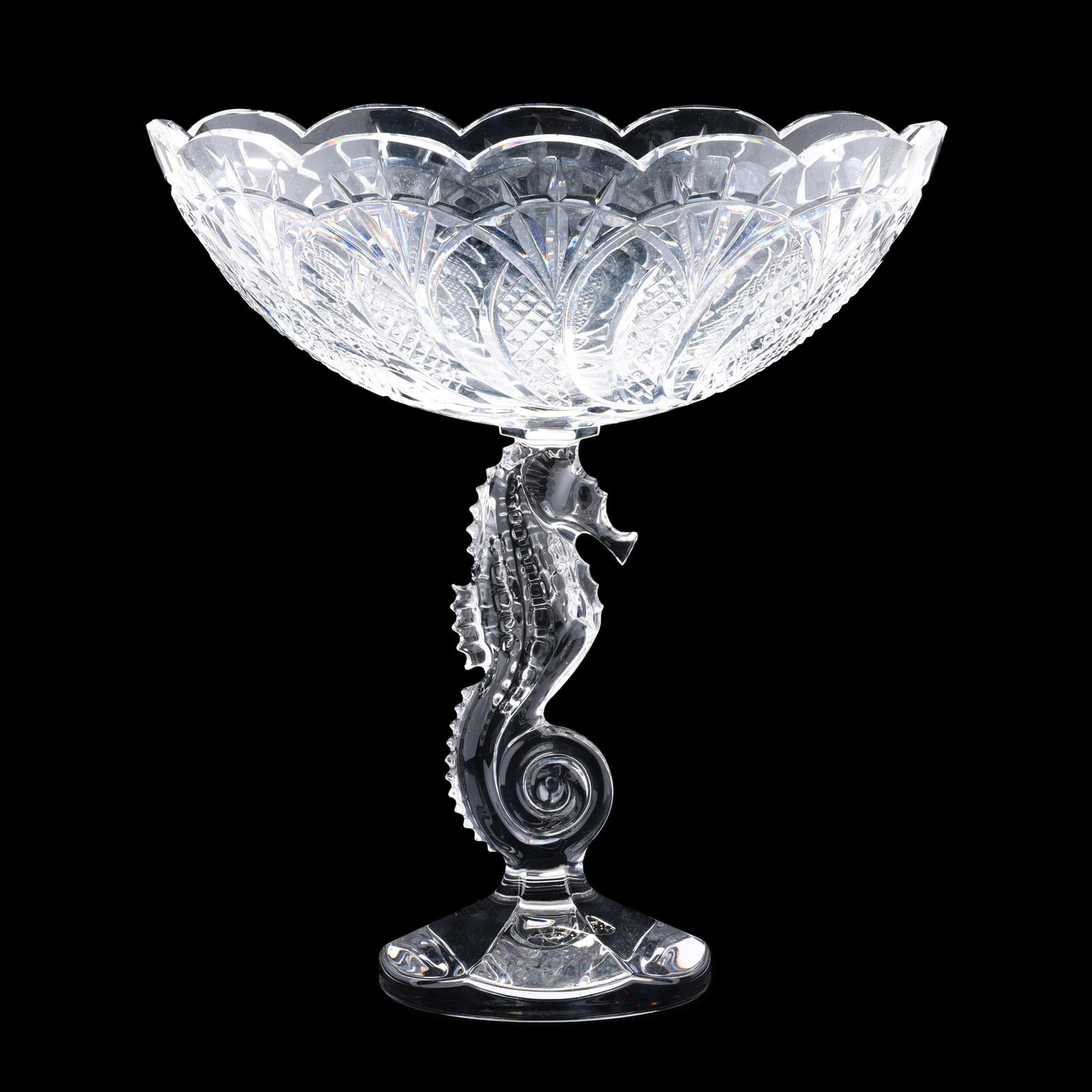 Waterford Crystal Seahorse Centerpiece: Waterford Crystal Seahorse Centerpiece contemporary, oval form scalloped bowl, full bodied seahorse support on paneled base, marked, labeled, with box. 12 x 11 x 5.5 in. Collection of a Lady and Gentl