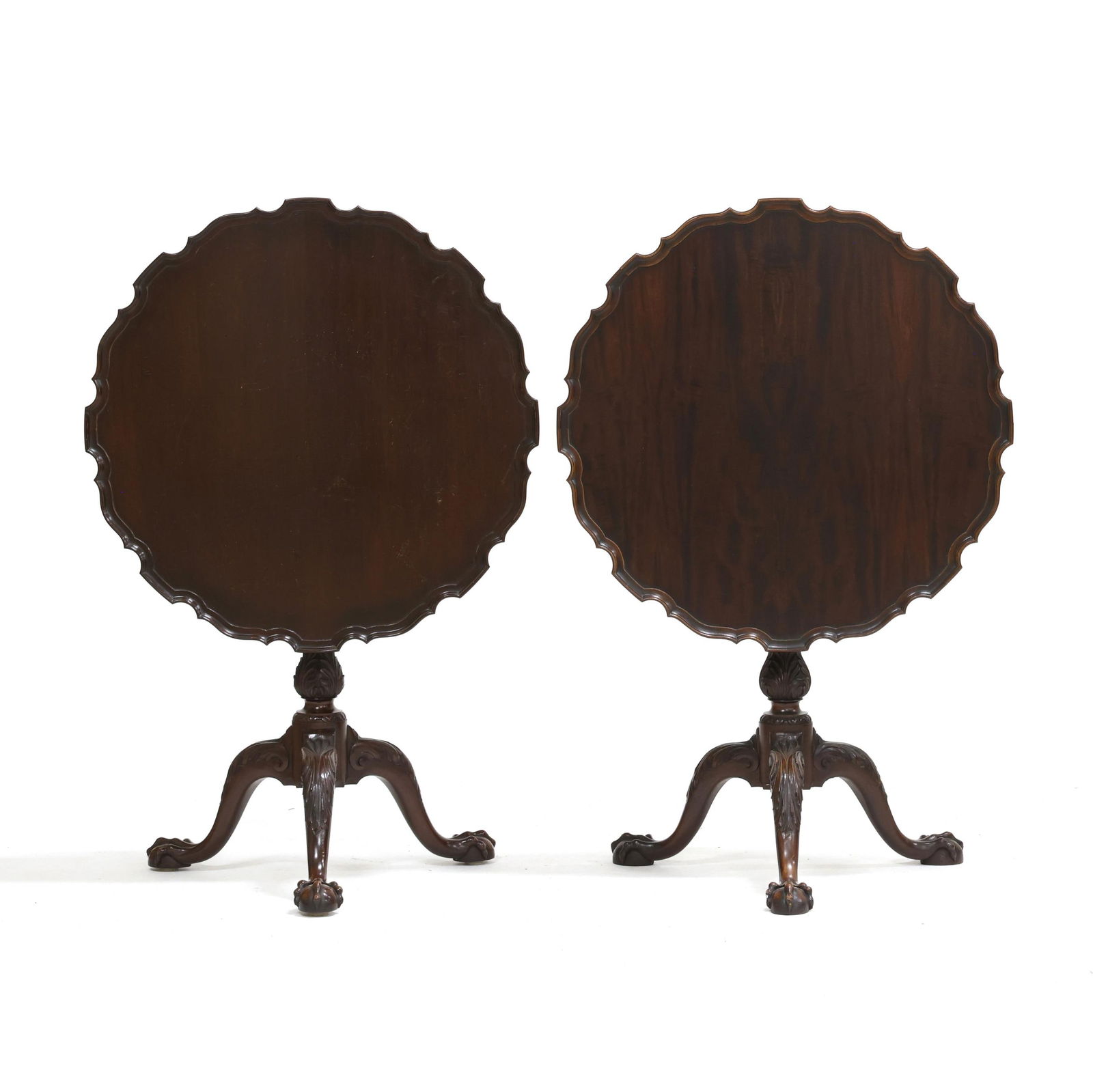 The Hayden Company, Pair of Chippendale Style Mahogany Tilt Top Tea Tables: The Hayden Company, Pair of Chippendale Style Mahogany Tilt Top Tea Tablesfirst half 20th century, New York, pie crust top with applied molded edge, birdcage and batten support, fluted and acanthus ca